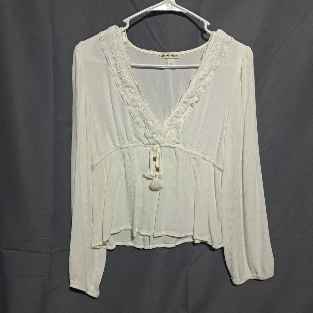 Derek Heart Women's LARGE Ivory White Crop Long Sleeve Top‎ Cottagecore Peasant